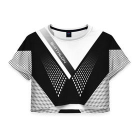 Женская футболка 3D укороченная с принтом Биатлон в Тюмени, 100% полиэстер | круглая горловина, длина футболки до линии талии, рукава с отворотами | 