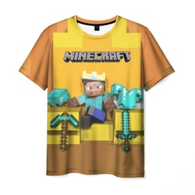 Мужская футболка 3D с принтом Король майнкрафта 2 в Тюмени, 100% полиэфир | прямой крой, круглый вырез горловины, длина до линии бедер | minecraft | minekraft | stive | броня | золото | кирка | майнкрафт | меч | стив