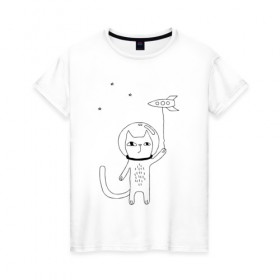 Женская футболка хлопок с принтом кот в космосе в Тюмени, 100% хлопок | прямой крой, круглый вырез горловины, длина до линии бедер, слегка спущенное плечо | космос | кот