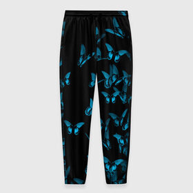 Мужские брюки 3D с принтом Синие бабочки в Тюмени, 100% полиэстер | манжеты по низу, эластичный пояс регулируется шнурком, по бокам два кармана без застежек, внутренняя часть кармана из мелкой сетки | бабочка | мотылек | насекомые | синий