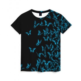 Женская футболка 3D с принтом Синие бабочки в Тюмени, 100% полиэфир ( синтетическое хлопкоподобное полотно) | прямой крой, круглый вырез горловины, длина до линии бедер | бабочка | мотылек | насекомые | синий