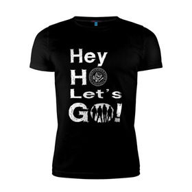 Мужская футболка премиум с принтом Hey ho let`s go! в Тюмени, 92% хлопок, 8% лайкра | приталенный силуэт, круглый вырез ворота, длина до линии бедра, короткий рукав | группа | панк | рамон | рамонес | рамоунз | рамоунс | рок | хард