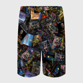 Детские спортивные шорты 3D с принтом Iron Maiden Дискография в Тюмени,  100% полиэстер
 | пояс оформлен широкой мягкой резинкой, ткань тянется
 | Тематика изображения на принте: heavy | metal | айрон мейден | метал | хеви метал