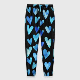 Мужские брюки 3D с принтом Blue Hearts в Тюмени, 100% полиэстер | манжеты по низу, эластичный пояс регулируется шнурком, по бокам два кармана без застежек, внутренняя часть кармана из мелкой сетки | акварель | любовь | паттерн | сердечки