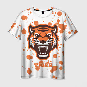 Мужская футболка 3D с принтом Огненный тигр в Тюмени, 100% полиэфир | прямой крой, круглый вырез горловины, длина до линии бедер | дикий | желтый | зверь | злой | лес | охотник | стая | тигр | узор | хищник | черный | шерсть