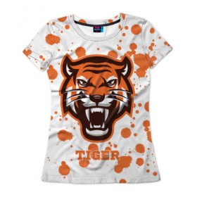 Женская футболка 3D с принтом Огненный тигр в Тюмени, 100% полиэфир ( синтетическое хлопкоподобное полотно) | прямой крой, круглый вырез горловины, длина до линии бедер | дикий | желтый | зверь | злой | лес | охотник | стая | тигр | узор | хищник | черный | шерсть