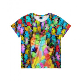 Детская футболка 3D с принтом Котики на дискотеке в Тюмени, 100% гипоаллергенный полиэфир | прямой крой, круглый вырез горловины, длина до линии бедер, чуть спущенное плечо, ткань немного тянется | Тематика изображения на принте: кошки | паттерн | психоделика | разноцветный | яркий