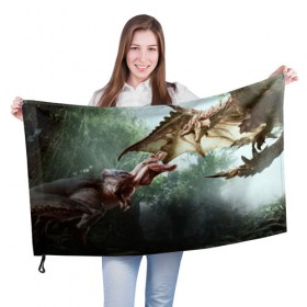 Флаг 3D с принтом Monster Hunter в Тюмени, 100% полиэстер | плотность ткани — 95 г/м2, размер — 67 х 109 см. Принт наносится с одной стороны | gamer | mhr | monster hunter | динозавр | дракон