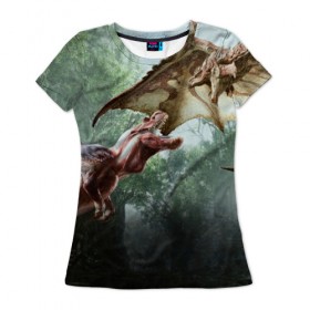 Женская футболка 3D с принтом Monster Hunter в Тюмени, 100% полиэфир ( синтетическое хлопкоподобное полотно) | прямой крой, круглый вырез горловины, длина до линии бедер | gamer | mhr | monster hunter | динозавр | дракон