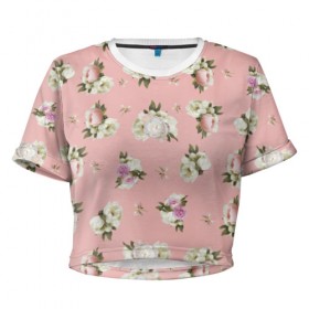 Женская футболка Cropp-top с принтом Пионы розовые в Тюмени, 100% полиэстер | круглая горловина, длина футболки до линии талии, рукава с отворотами | букет | пионы | розовый | розы | цветы
