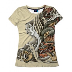Женская футболка 3D с принтом Восточный дракон в Тюмени, 100% полиэфир ( синтетическое хлопкоподобное полотно) | прямой крой, круглый вырез горловины, длина до линии бедер | восток | дракон | тату | татуировка | япония