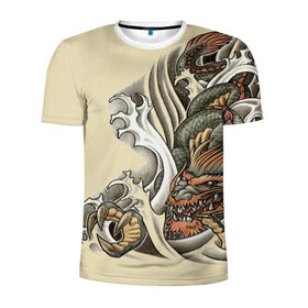 Мужская футболка 3D спортивная с принтом Восточный дракон в Тюмени, 100% полиэстер с улучшенными характеристиками | приталенный силуэт, круглая горловина, широкие плечи, сужается к линии бедра | восток | дракон | тату | татуировка | япония