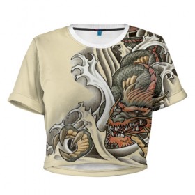 Женская футболка Cropp-top с принтом Восточный дракон в Тюмени, 100% полиэстер | круглая горловина, длина футболки до линии талии, рукава с отворотами | восток | дракон | тату | татуировка | япония
