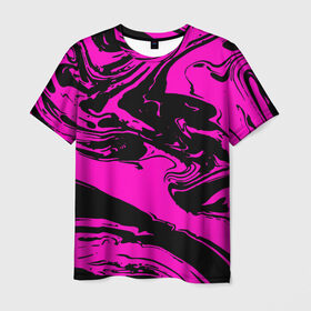 Мужская футболка 3D с принтом Черно розовый акрил в Тюмени, 100% полиэфир | прямой крой, круглый вырез горловины, длина до линии бедер | волна | естественный | искусство | камень | краска | красочный | линии | модерн | мокрый | натуральный | яркие