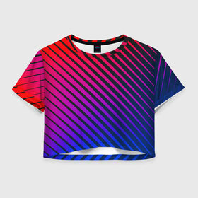 Женская футболка 3D укороченная с принтом Градиентные линии в Тюмени, 100% полиэстер | круглая горловина, длина футболки до линии талии, рукава с отворотами | абстракция | градиент | красный | линии | полосы | синий | темный | цвет