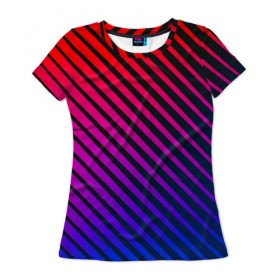 Женская футболка 3D с принтом Градиентные линии в Тюмени, 100% полиэфир ( синтетическое хлопкоподобное полотно) | прямой крой, круглый вырез горловины, длина до линии бедер | абстракция | градиент | красный | линии | полосы | синий | темный | цвет