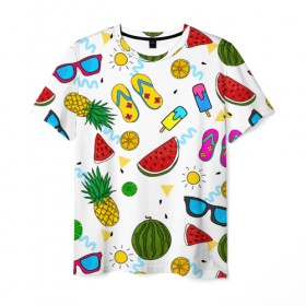 Мужская футболка 3D с принтом Летняя в Тюмени, 100% полиэфир | прямой крой, круглый вырез горловины, длина до линии бедер | hot | lemon | summer | sun | ананас | арбуз | жара | курорт | лайм | лето | лимон | море | мороженое | отдых | очки | пляж | солнце