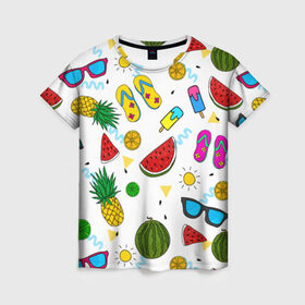 Женская футболка 3D с принтом Летняя в Тюмени, 100% полиэфир ( синтетическое хлопкоподобное полотно) | прямой крой, круглый вырез горловины, длина до линии бедер | hot | lemon | summer | sun | ананас | арбуз | жара | курорт | лайм | лето | лимон | море | мороженое | отдых | очки | пляж | солнце