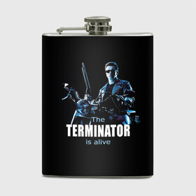 Фляга с принтом Terminator alive в Тюмени, металлический корпус | емкость 0,22 л, размер 125 х 94 мм. Виниловая наклейка запечатывается полностью | arnold schwarzenegger | арнольд шварценеггер | киборг | кино | терминатор