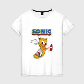 Женская футболка хлопок с принтом Sonic в Тюмени, 100% хлопок | прямой крой, круглый вырез горловины, длина до линии бедер, слегка спущенное плечо | hedgehog | knuckles | sega | sonic | super | tails | ёжик | ехидна | лисенок | лисица | наклз | сега | соник | супер | суперёжик | тэилз | тэилс