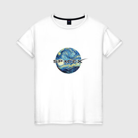 Женская футболка хлопок с принтом Space X в Тюмени, 100% хлопок | прямой крой, круглый вырез горловины, длина до линии бедер, слегка спущенное плечо | ван гог | илон | илон маск | искусство | космос | лунная ночь | маск | небо | прикольная | технологии | тренд