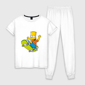 Женская пижама хлопок с принтом Bart Simpson в Тюмени, 100% хлопок | брюки и футболка прямого кроя, без карманов, на брюках мягкая резинка на поясе и по низу штанин | bart | family | homer | lisa | school | simpsons | springfield | анимация | барт | гомер | желтый | комедия | лентяй | лиза | мардж | мульт | мультфильм | мэгги | отец | пончик | ребенок | родители | семья | сериал | симпсоны | смех