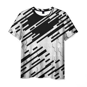 Мужская футболка 3D с принтом HEXAGON - Black and White в Тюмени, 100% полиэфир | прямой крой, круглый вырез горловины, длина до линии бедер | 