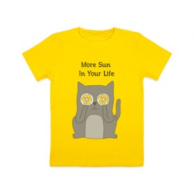 Детская футболка хлопок с принтом More Sun In Your Life в Тюмени, 100% хлопок | круглый вырез горловины, полуприлегающий силуэт, длина до линии бедер | Тематика изображения на принте: cat | lemon | summer | кот | котэ | кошка | лето | лимон | солнце | сочный