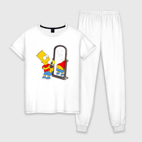 Женская пижама хлопок с принтом Bart Simpson в Тюмени, 100% хлопок | брюки и футболка прямого кроя, без карманов, на брюках мягкая резинка на поясе и по низу штанин | bart simpson | арт | барт симпсон | зеркало | мультсериал | симпсоны | фотоаппарат