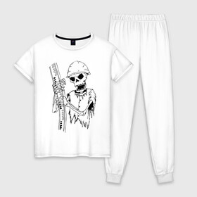 Женская пижама хлопок с принтом Скелетон геодезист (черн ) в Тюмени, 100% хлопок | брюки и футболка прямого кроя, без карманов, на брюках мягкая резинка на поясе и по низу штанин | геодезист | геодезия | скелет