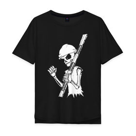 Мужская футболка хлопок Oversize с принтом Скелетон геодезист 2 (бел.) в Тюмени, 100% хлопок | свободный крой, круглый ворот, “спинка” длиннее передней части | 