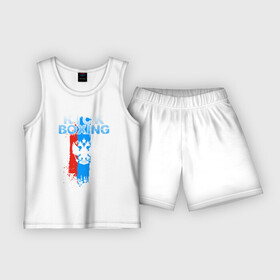 Детская пижама с шортами хлопок с принтом Kickboxing в Тюмени,  |  | Тематика изображения на принте: boxing | kickboxing | sport | боец | бой | бокс | боксер | борьба | кикбоксер | кикбоксинг | линии | надпись | полосы | россии | россия | рф | сборная | состязание | спорт | спортсмен | флаг