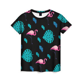 Женская футболка 3D с принтом Узор из фламинго в Тюмени, 100% полиэфир ( синтетическое хлопкоподобное полотно) | прямой крой, круглый вырез горловины, длина до линии бедер | Тематика изображения на принте: африка | крылья | мода | прикольные | природа | птица | розовый | фламинго | цвет | яркие