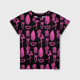 Детская футболка 3D с принтом Светящийся фламинго в Тюмени, 100% гипоаллергенный полиэфир | прямой крой, круглый вырез горловины, длина до линии бедер, чуть спущенное плечо, ткань немного тянется | Тематика изображения на принте: африка | крылья | мода | прикольные | природа | птица | розовый | фламинго | цвет | яркие