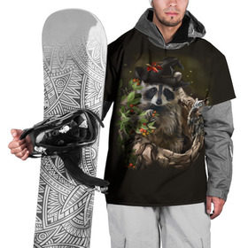 Накидка на куртку 3D с принтом Енот и сова в Тюмени, 100% полиэстер |  | Тематика изображения на принте: дерево | енот | животные | лес | птицы | сова | шляпа
