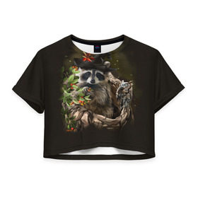 Женская футболка 3D укороченная с принтом Енот и сова в Тюмени, 100% полиэстер | круглая горловина, длина футболки до линии талии, рукава с отворотами | дерево | енот | животные | лес | птицы | сова | шляпа
