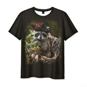Мужская футболка 3D с принтом Енот и сова в Тюмени, 100% полиэфир | прямой крой, круглый вырез горловины, длина до линии бедер | Тематика изображения на принте: дерево | енот | животные | лес | птицы | сова | шляпа