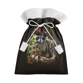Подарочный 3D мешок с принтом Енот и сова в Тюмени, 100% полиэстер | Размер: 29*39 см | Тематика изображения на принте: дерево | енот | животные | лес | птицы | сова | шляпа