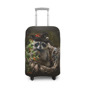 Чехол для чемодана 3D с принтом Енот и сова в Тюмени, 86% полиэфир, 14% спандекс | двустороннее нанесение принта, прорези для ручек и колес | дерево | енот | животные | лес | птицы | сова | шляпа