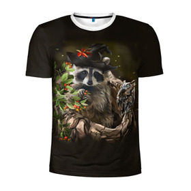 Мужская футболка 3D спортивная с принтом Енот и сова в Тюмени, 100% полиэстер с улучшенными характеристиками | приталенный силуэт, круглая горловина, широкие плечи, сужается к линии бедра | дерево | енот | животные | лес | птицы | сова | шляпа