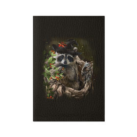 Обложка для паспорта матовая кожа с принтом Енот и сова в Тюмени, натуральная матовая кожа | размер 19,3 х 13,7 см; прозрачные пластиковые крепления | дерево | енот | животные | лес | птицы | сова | шляпа