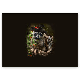 Поздравительная открытка с принтом Енот и сова в Тюмени, 100% бумага | плотность бумаги 280 г/м2, матовая, на обратной стороне линовка и место для марки
 | Тематика изображения на принте: дерево | енот | животные | лес | птицы | сова | шляпа