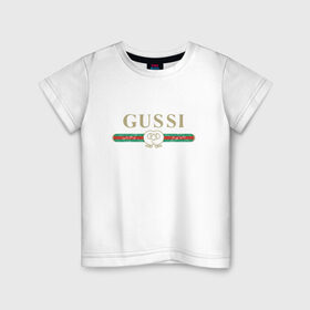 Детская футболка хлопок с принтом Gussi в Тюмени, 100% хлопок | круглый вырез горловины, полуприлегающий силуэт, длина до линии бедер | Тематика изображения на принте: ga ga ga | gang | gucci | guchi | guci | gusi | gussi | га га га | гуси | гусси | гучи | гуччи | модный гусь