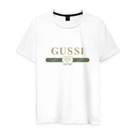 Мужская футболка хлопок с принтом Gussi в Тюмени, 100% хлопок | прямой крой, круглый вырез горловины, длина до линии бедер, слегка спущенное плечо. | ga ga ga | gang | gucci | guchi | guci | gusi | gussi | га га га | гуси | гусси | гучи | гуччи | модный гусь