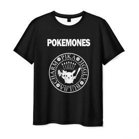 Мужская футболка 3D с принтом Pokemones в Тюмени, 100% полиэфир | прямой крой, круглый вырез горловины, длина до линии бедер | Тематика изображения на принте: группа | панк | пикачу | покемоны | рамон | рамонес | рамоунз | рамоунс | рок | хард