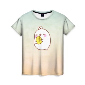 Женская футболка 3D с принтом Molang Друзья в Тюмени, 100% полиэфир ( синтетическое хлопкоподобное полотно) | прямой крой, круглый вырез горловины, длина до линии бедер | kawaii | аниме | зайчик | зая | заяц | каваи | мимими | моланг | птенчик