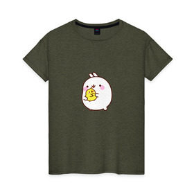 Женская футболка хлопок с принтом Molang Друзья в Тюмени, 100% хлопок | прямой крой, круглый вырез горловины, длина до линии бедер, слегка спущенное плечо | kawaii | аниме | зайчик | зая | заяц | каваи | мимими | моланг | птенчик