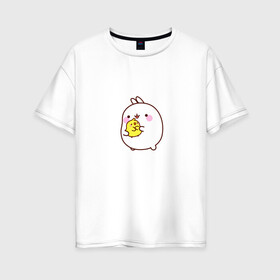 Женская футболка хлопок Oversize с принтом Molang Друзья в Тюмени, 100% хлопок | свободный крой, круглый ворот, спущенный рукав, длина до линии бедер
 | kawaii | аниме | зайчик | зая | заяц | каваи | мимими | моланг | птенчик