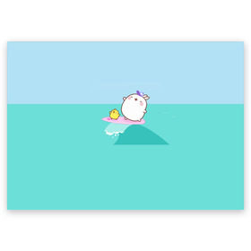 Поздравительная открытка с принтом Molang Серфинг в Тюмени, 100% бумага | плотность бумаги 280 г/м2, матовая, на обратной стороне линовка и место для марки
 | kawaii | аниме | волна | зайчик | зая | заяц | каваи | мимими | моланг | море | птенец | птенчик | серфер