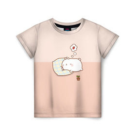 Детская футболка 3D с принтом Molang Сладкий Сон в Тюмени, 100% гипоаллергенный полиэфир | прямой крой, круглый вырез горловины, длина до линии бедер, чуть спущенное плечо, ткань немного тянется | kawaii | аниме | зайчик | зая | заяц | каваи | клубника | мимими | моланг | розовый | сон